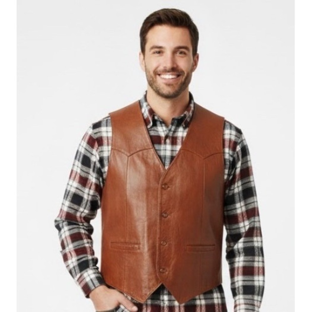 Silton Mens Brown Leather Western Vest‎ 42 Genuine Leather Lined Rodeo Cowboy